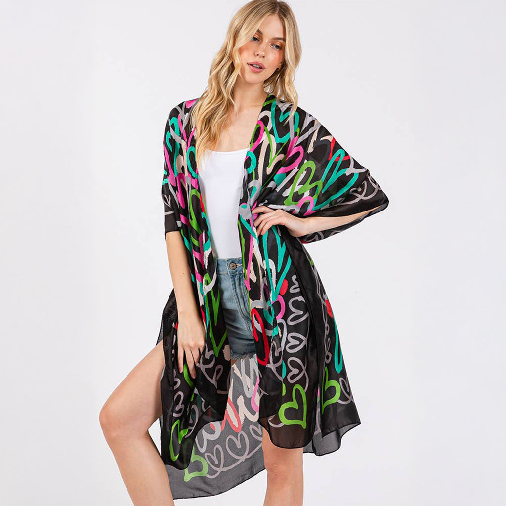 Kimono Cover Up Black Multi Coloured Heart Print Silky Feel - SKRF