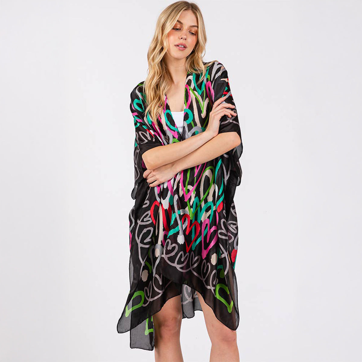 Kimono Cover Up Black Multi Coloured Heart Print Silky Feel - SKRF