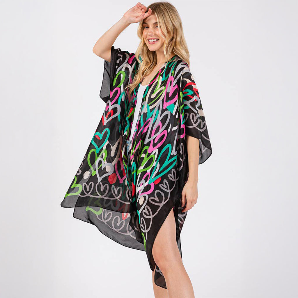 Kimono Cover Up Black Multi Coloured Heart Print Silky Feel - SKRF