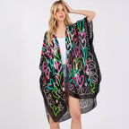 Kimono Cover Up Black Multi Coloured Heart Print Silky Feel - SKRF