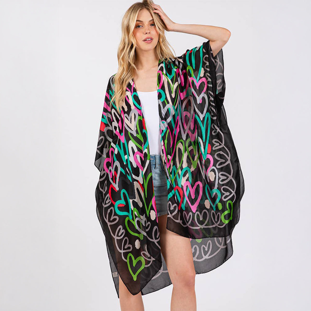 Kimono Cover Up Black Multi Coloured Heart Print Silky Feel - SKRF