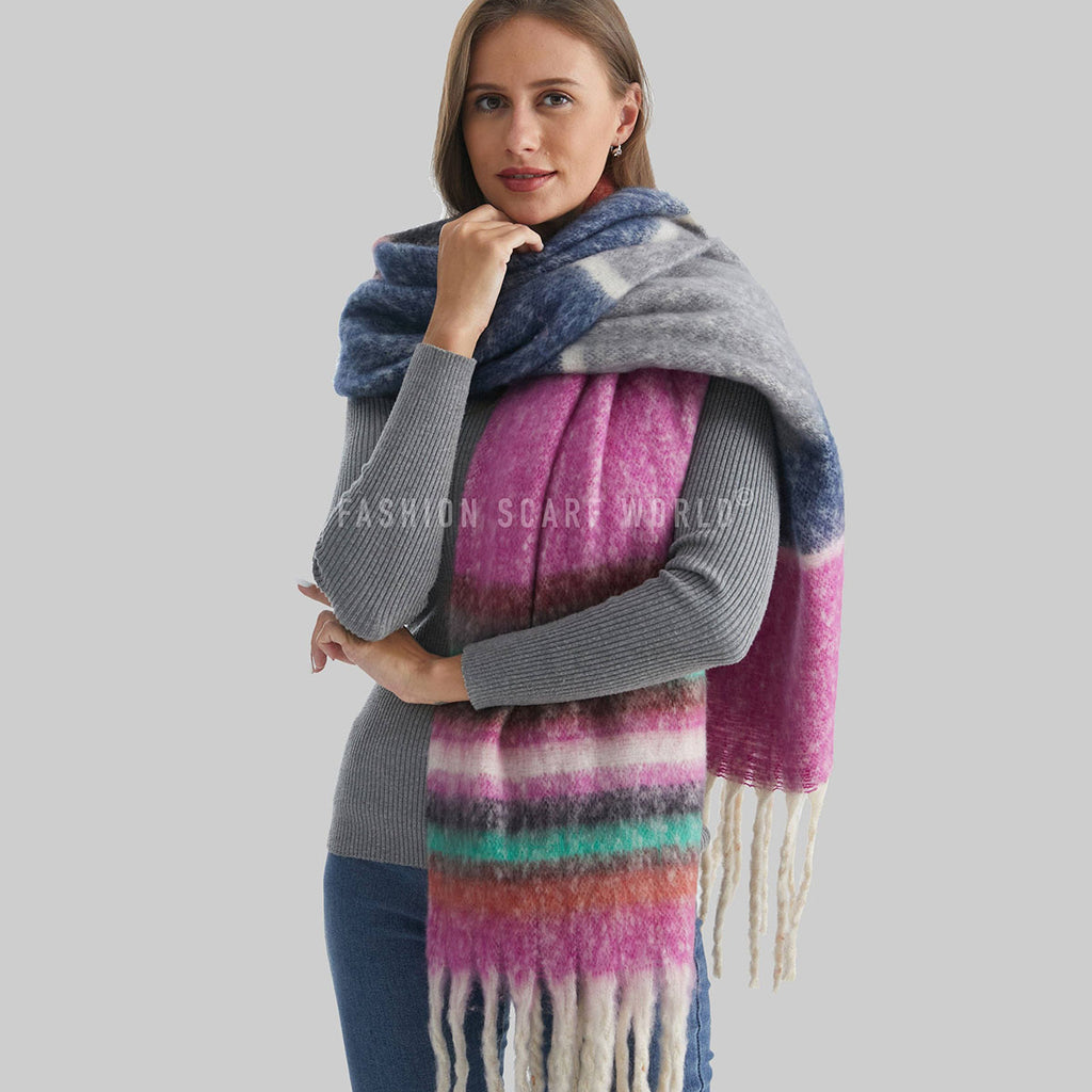 Multi Stripe Fuchsia Pink Blanket Tassel Scarf - SKRF