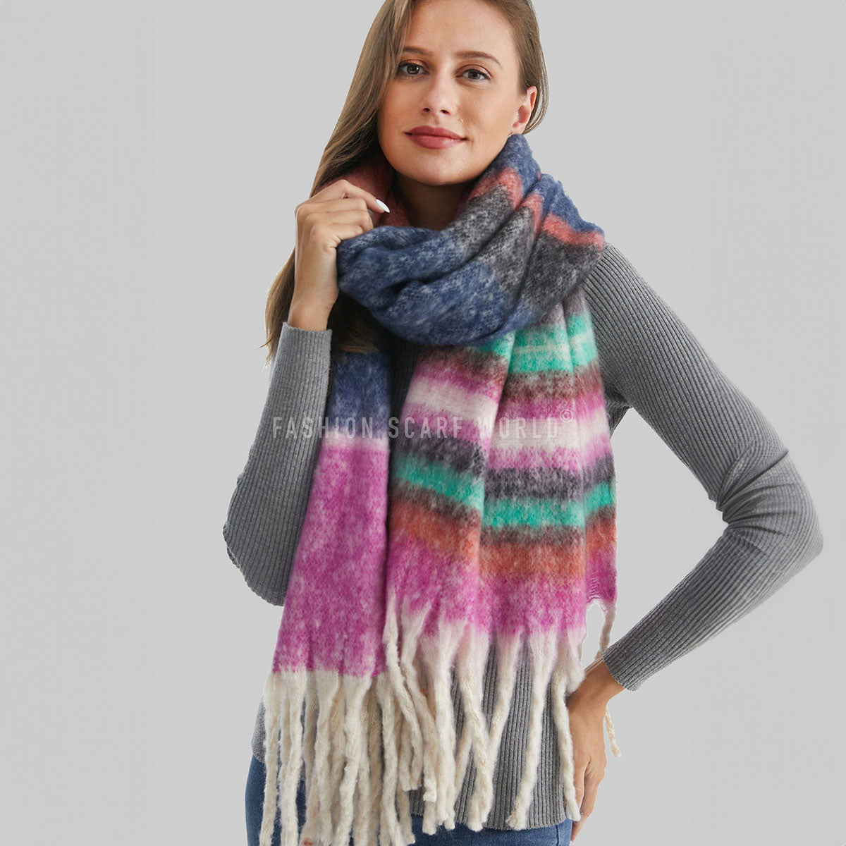 Multi Stripe Fuchsia Pink Blanket Tassel Scarf - SKRF