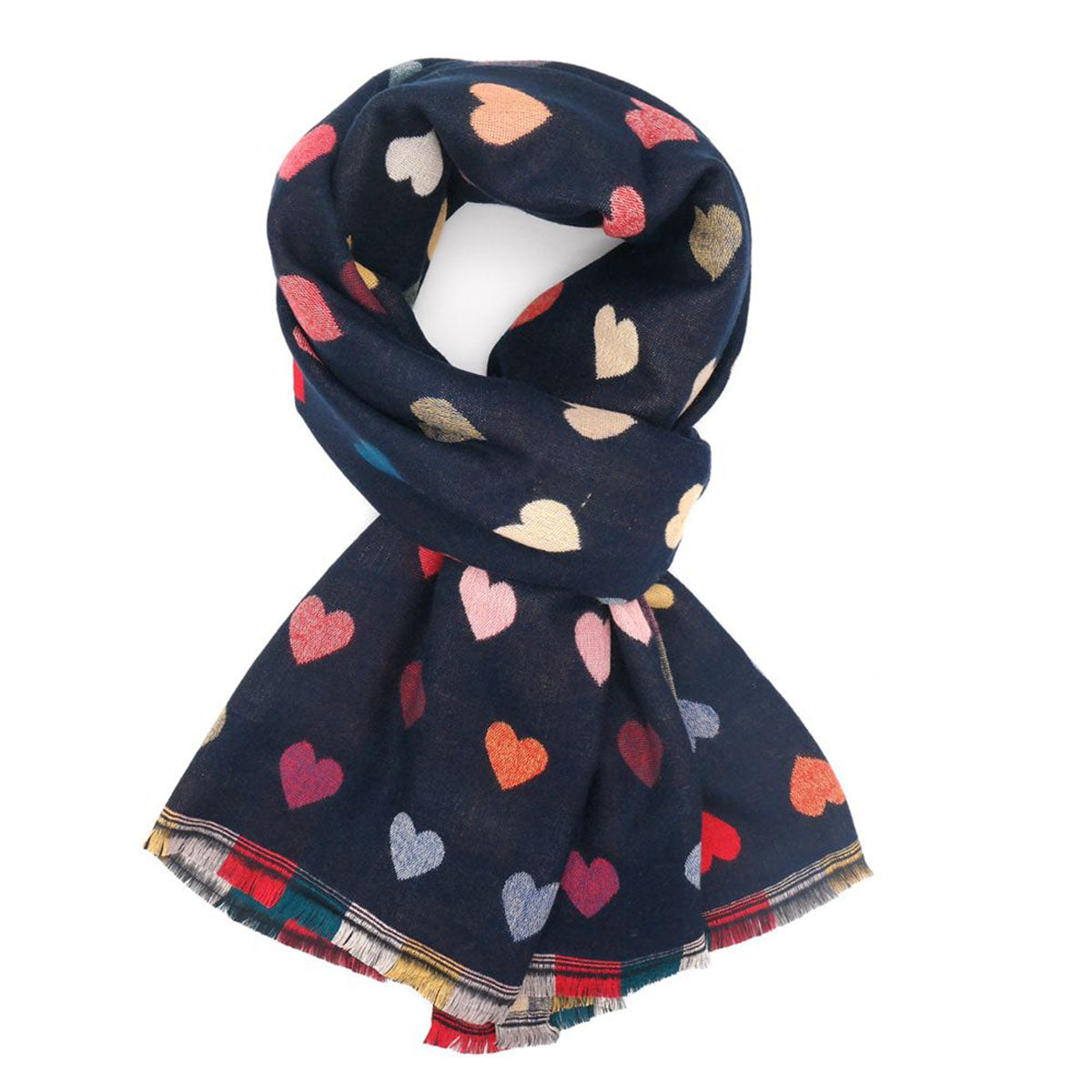 Multicolour Hearts Reversible Check Scarf Navy - SKRF
