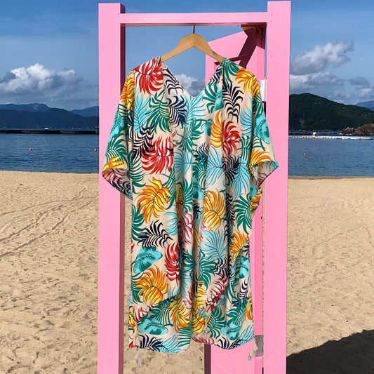 Multicolour Leaf Print Summer Beach Bikini Cover Up SKRFST066YI16 - SKRF