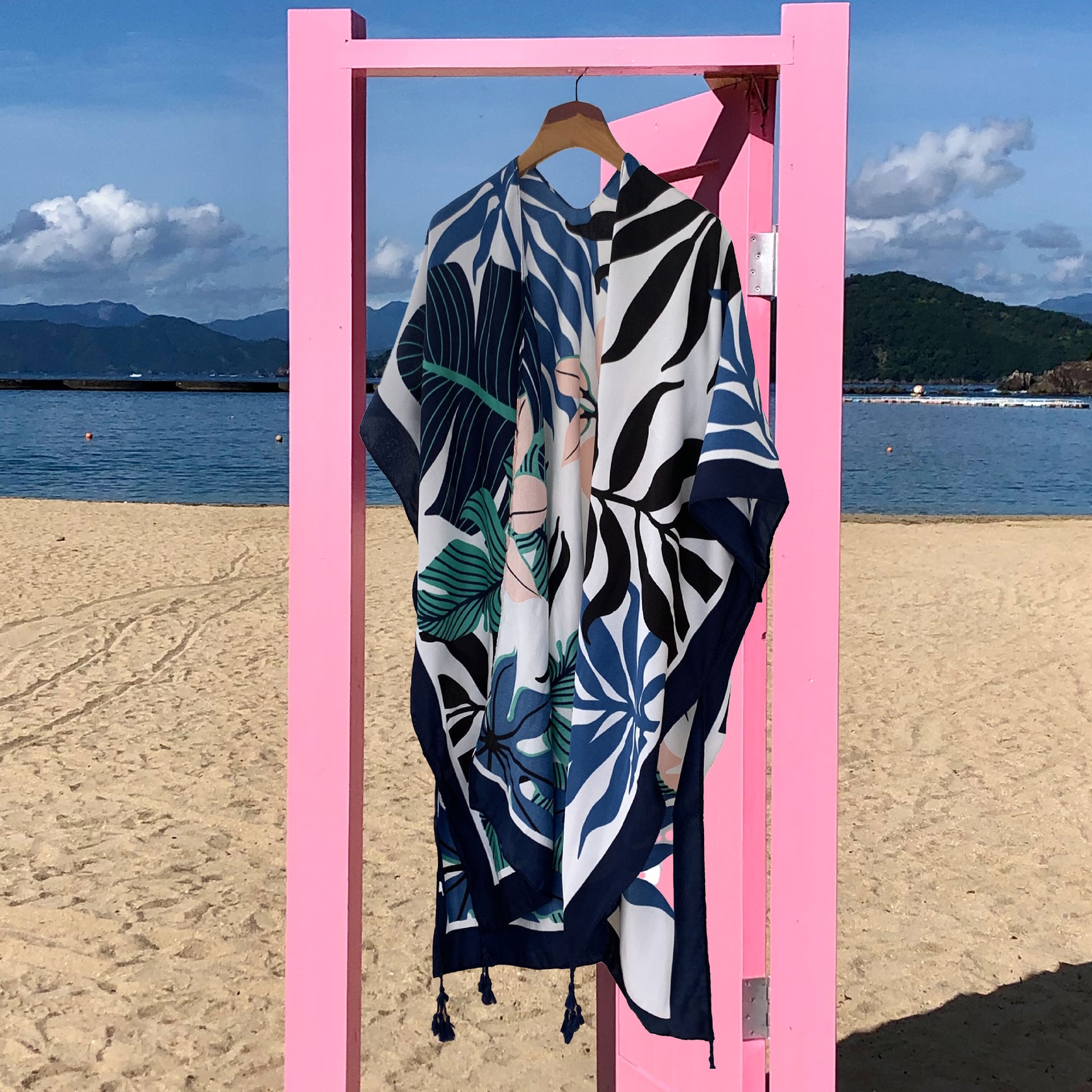 Navy Leaf Print Summer Beach Bikini Cover Up SKRFST066YI41 - SKRF