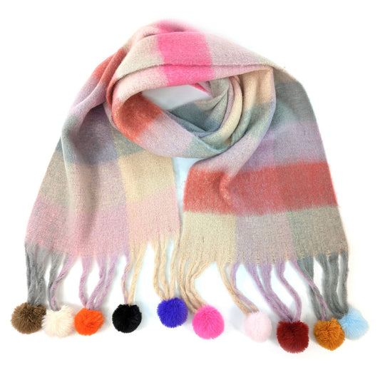 Neon Pom Pom Pink Candy Multicolour Blanket Scarf - SKRF