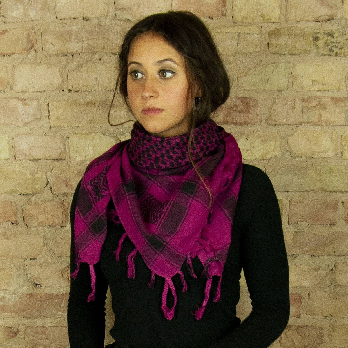 Pali Kufiya Style Magenta Pink Black Tassel Scarf - SKRF