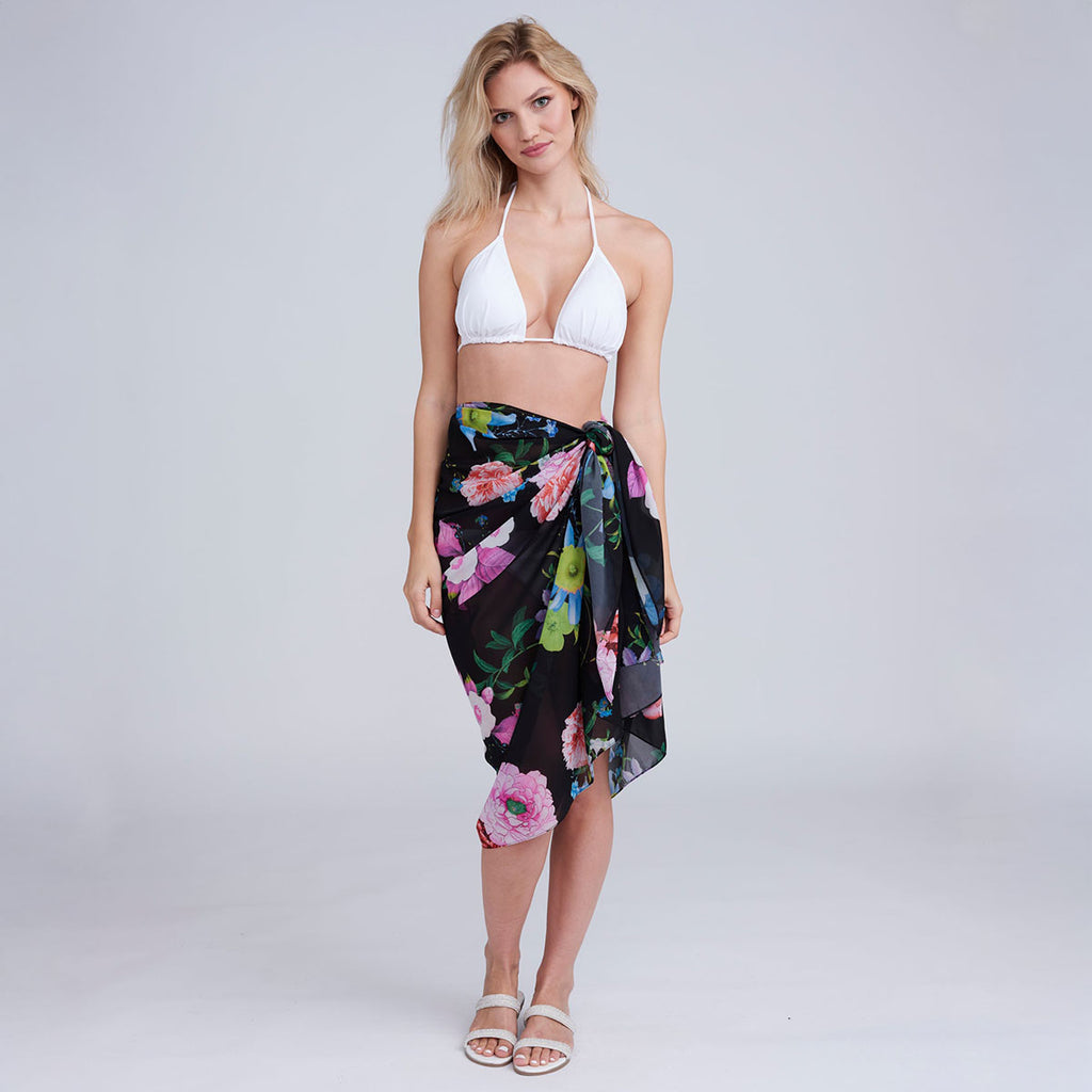 Pia Rossini Samba Black Pink Flower Print Sarong - SKRF