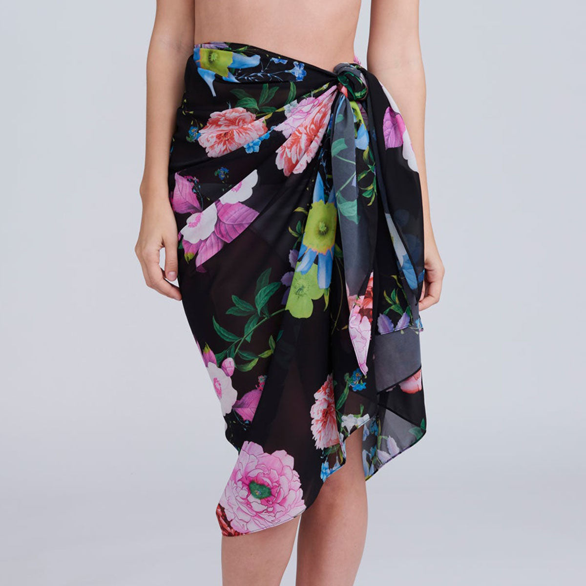 Pia Rossini Samba Black Pink Flower Print Sarong - SKRF