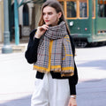 Plaid Check Brown Gold Tassel Shawl Scarf - SKRF