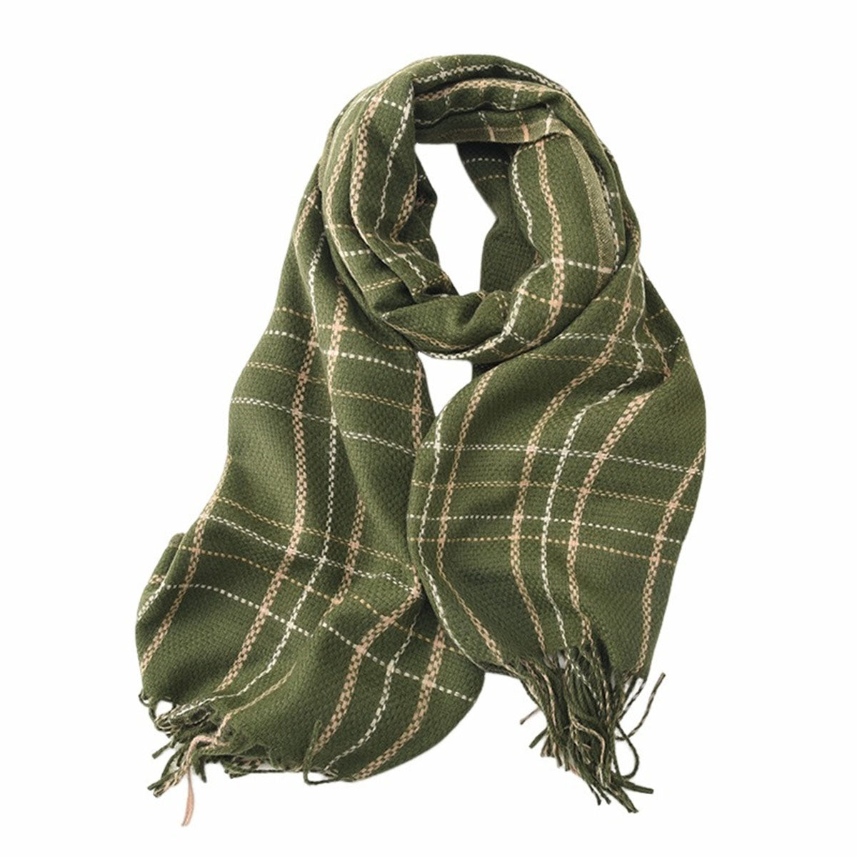 Plaid Check Green Tassel Shawl Scarf - SKRF