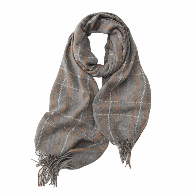 Plaid Check Grey Gold Tassel Shawl Scarf - SKRF