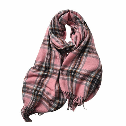 Plaid Check Peach Pink Tassel Shawl Scarf - SKRF