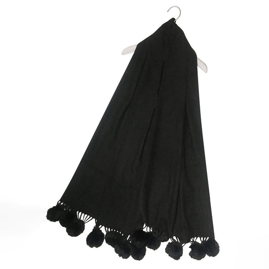 Plain Wool Mix Black Faux Fur Pom Pom Pashmina Style Scarf - SKRF