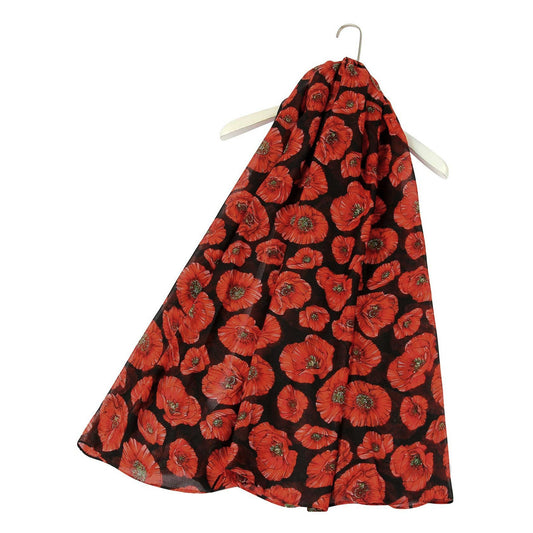 Red Poppy Print Black Scarf - SKRF