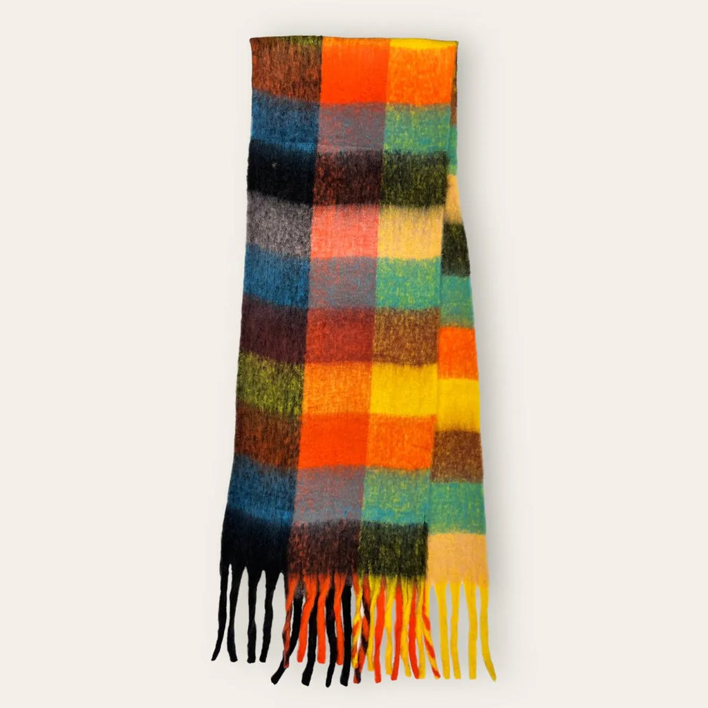 Soft Check Orange Multicolour Winter Scarf With Tassels - SKRF