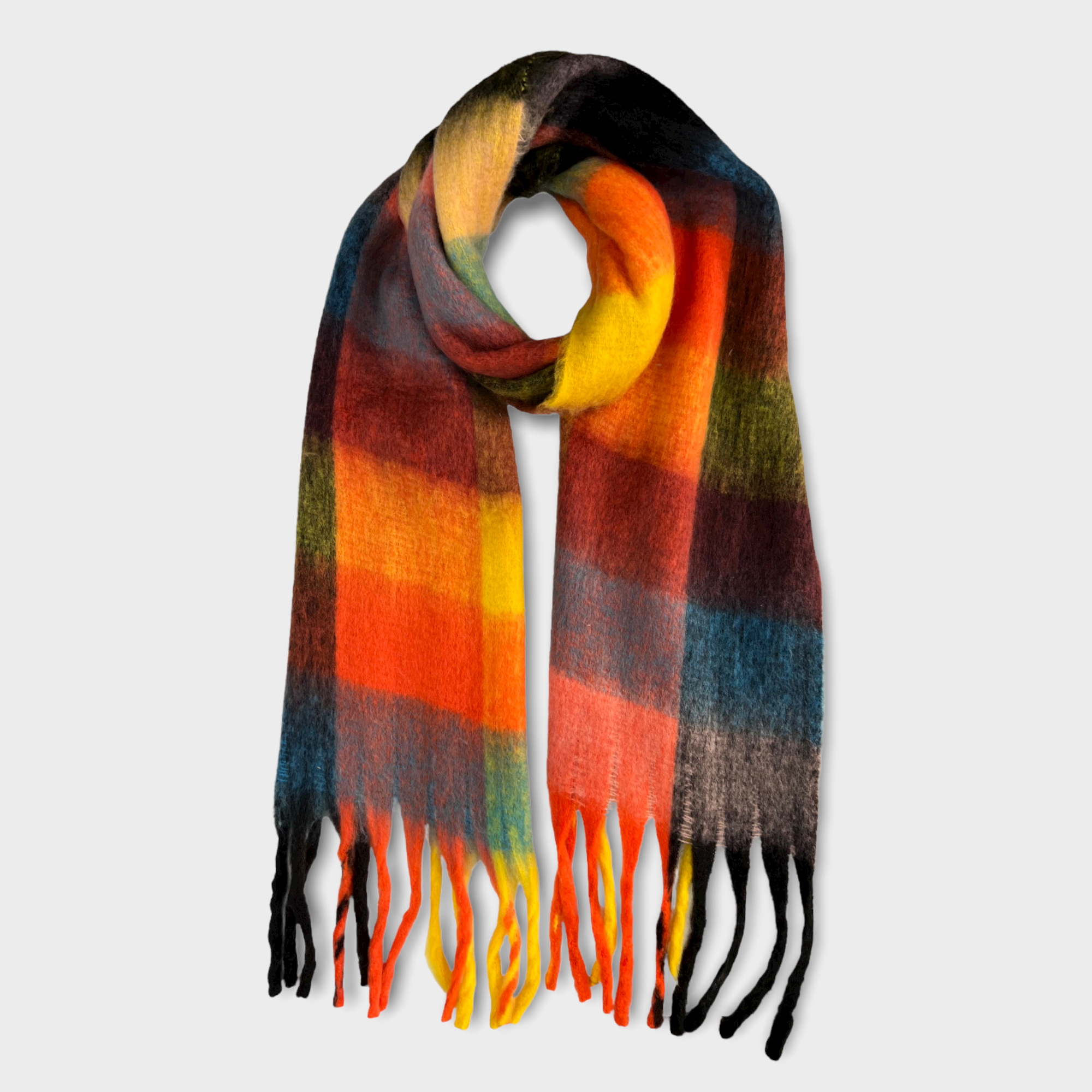 Soft Check Orange Multicolour Winter Scarf With Tassels - SKRF