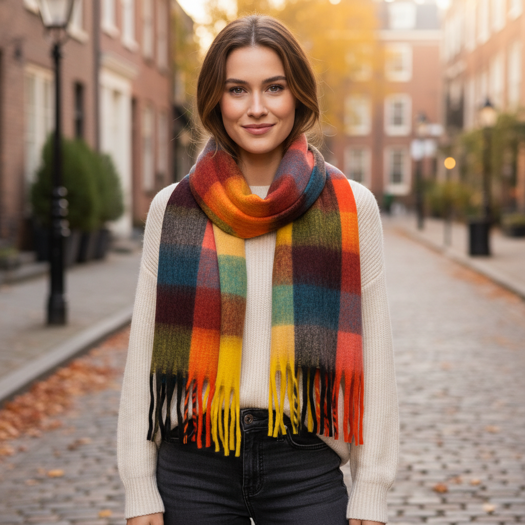 Soft Check Orange Multicolour Winter Scarf With Tassels