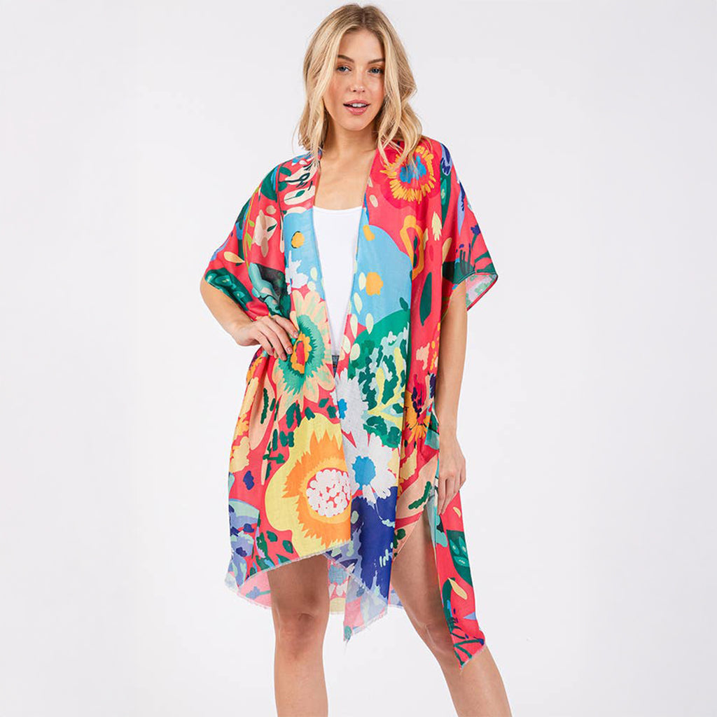 Summer Kimono Coral Multicolour Floral Flower Print - SKRF