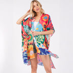 Summer Kimono Coral Multicolour Floral Flower Print - SKRF
