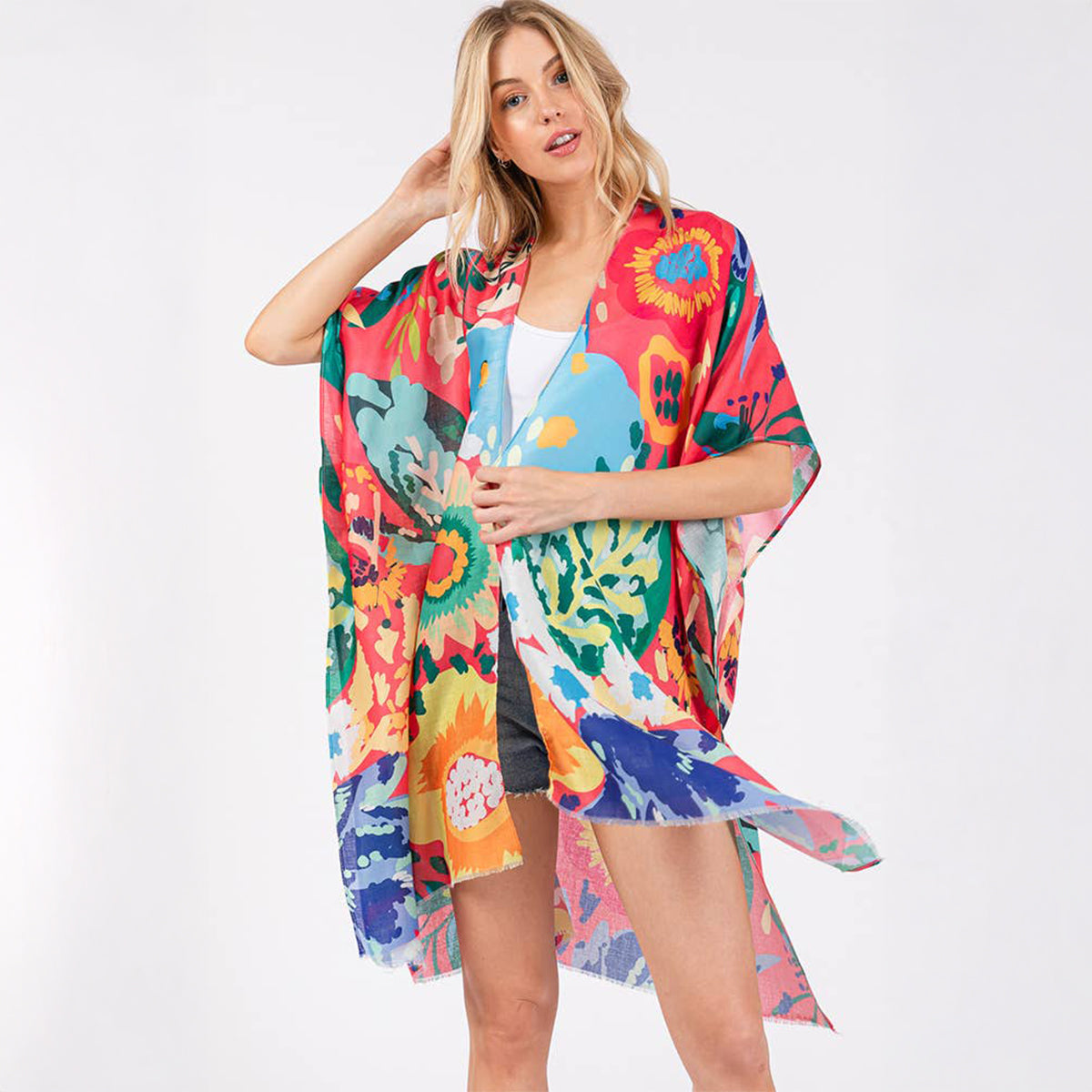 Summer Kimono Coral Multicolour Floral Flower Print - SKRF