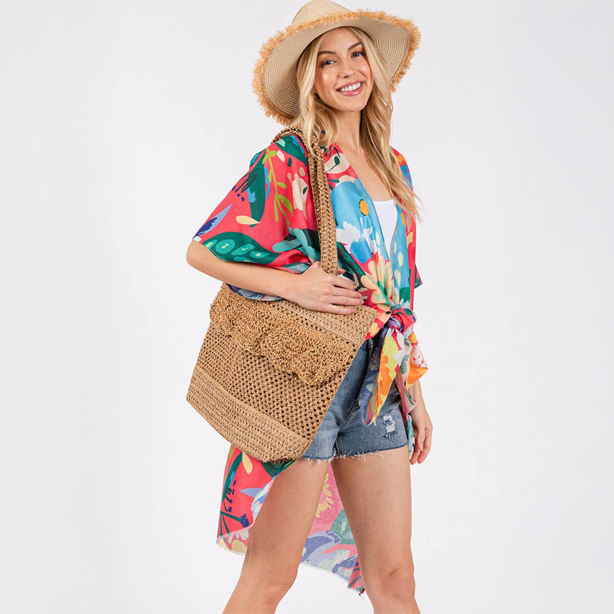 Summer Kimono Coral Multicolour Floral Flower Print - SKRF