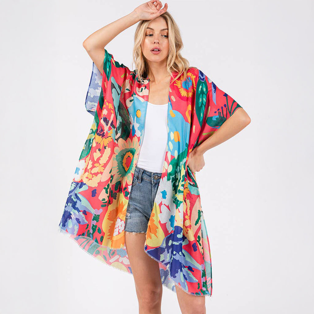 Summer Kimono Coral Multicolour Floral Flower Print - SKRF