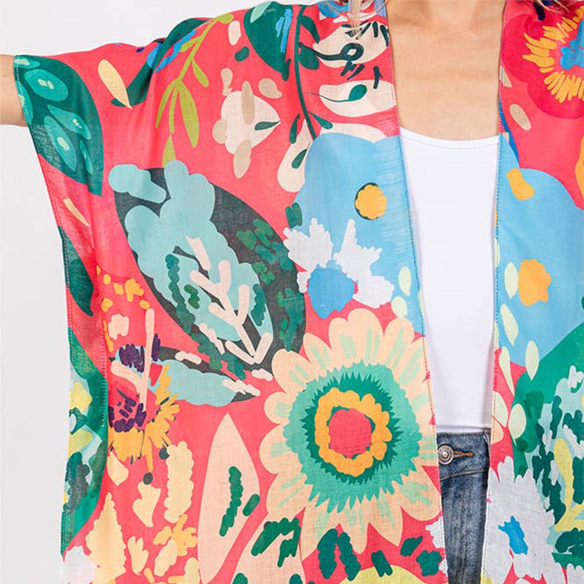 Summer Kimono Coral Multicolour Floral Flower Print - SKRF