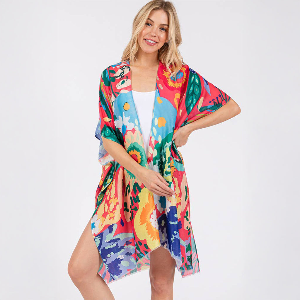 Summer Kimono Coral Multicolour Floral Flower Print - SKRF