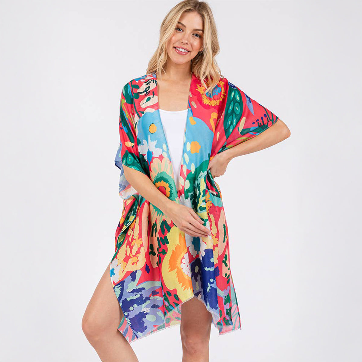 Summer Kimono Coral Multicolour Floral Flower Print - SKRF