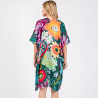 Summer Kimono Cover Up Green Multicolour Floral Flower Print - SKRF