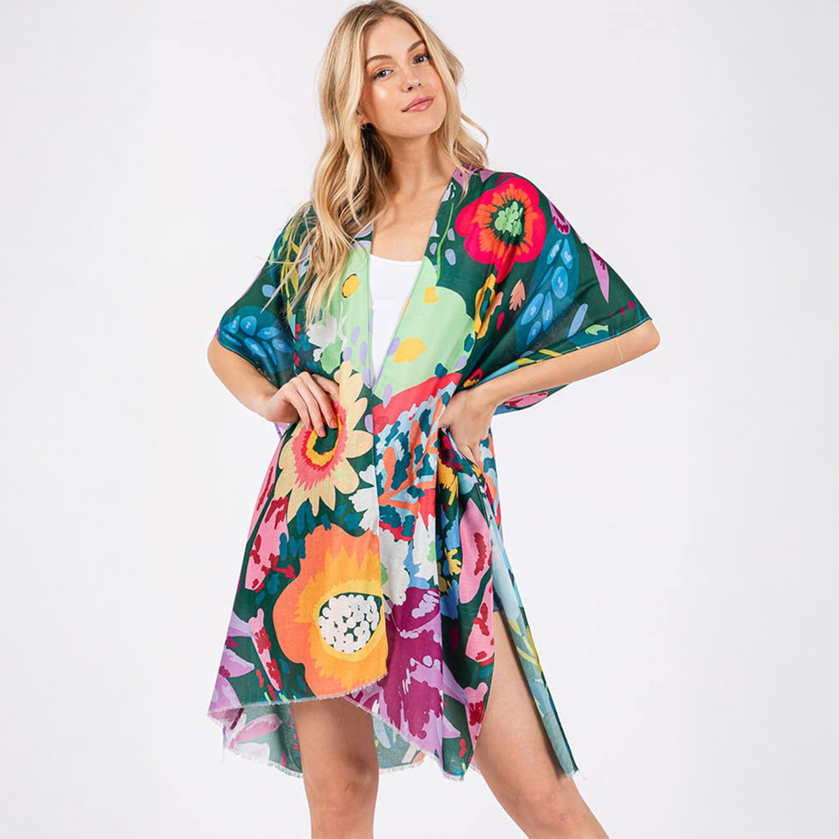 Summer Kimono Cover Up Green Multicolour Floral Flower Print - SKRF