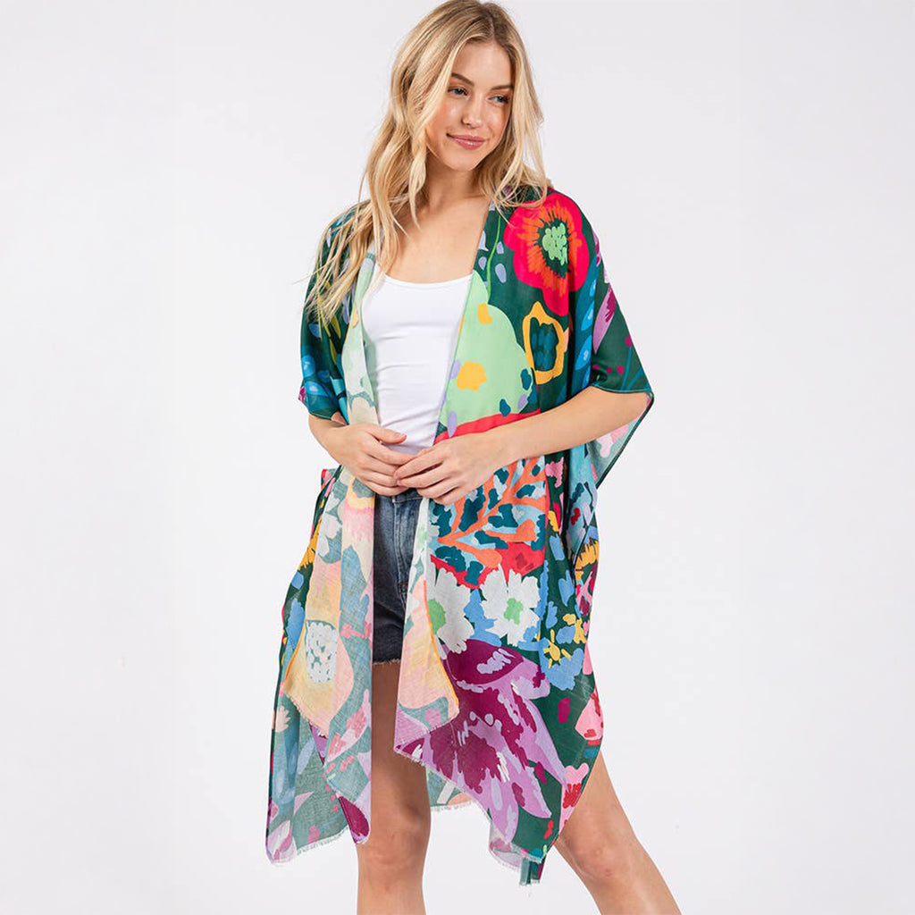 Summer Kimono Cover Up Green Multicolour Floral Flower Print - SKRF