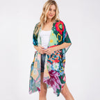 Summer Kimono Cover Up Green Multicolour Floral Flower Print - SKRF