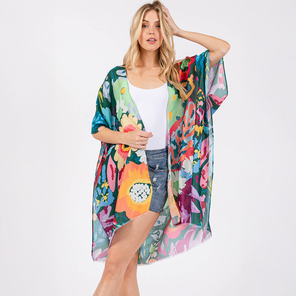 Summer Kimono Cover Up Green Multicolour Floral Flower Print - SKRF