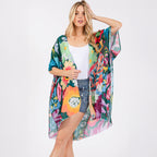 Summer Kimono Cover Up Green Multicolour Floral Flower Print - SKRF