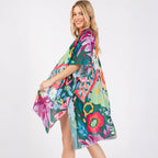 Summer Kimono Cover Up Green Multicolour Floral Flower Print - SKRF