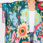 Summer Kimono Cover Up Green Multicolour Floral Flower Print - SKRF