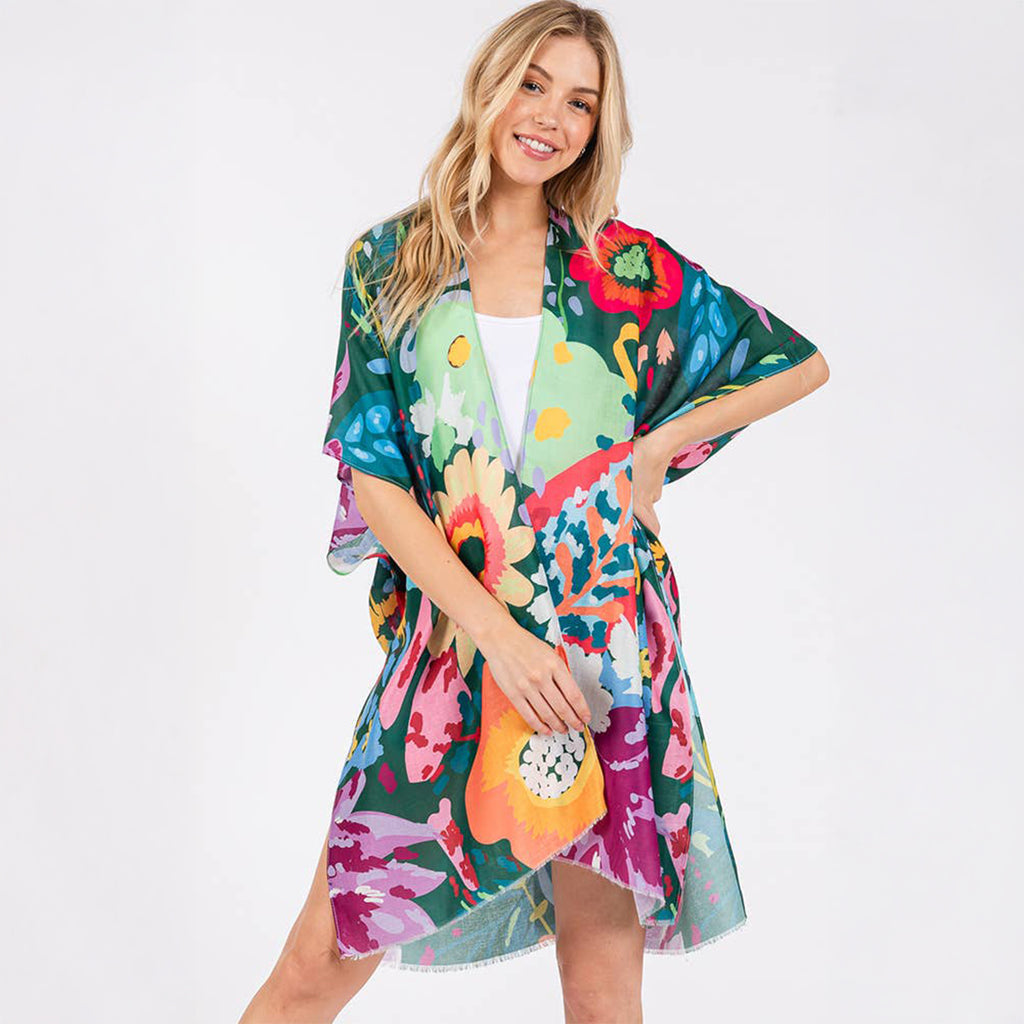 Summer Kimono Cover Up Green Multicolour Floral Flower Print - SKRF