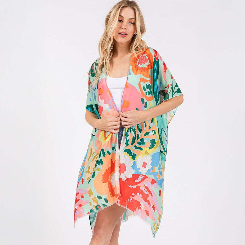 Summer Kimono Cover Up Mint Multicolour Floral Flower Print - SKRF