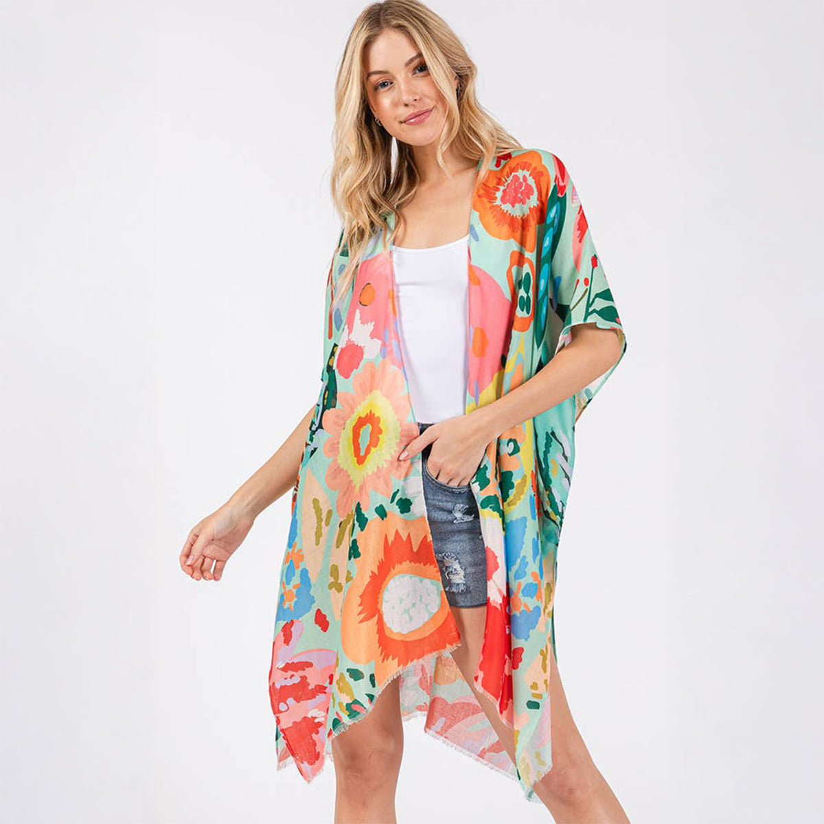 Summer Kimono Cover Up Mint Multicolour Floral Flower Print - SKRF