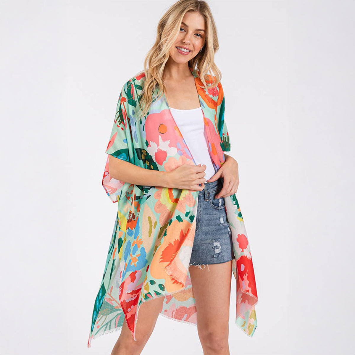 Summer Kimono Cover Up Mint Multicolour Floral Flower Print - SKRF