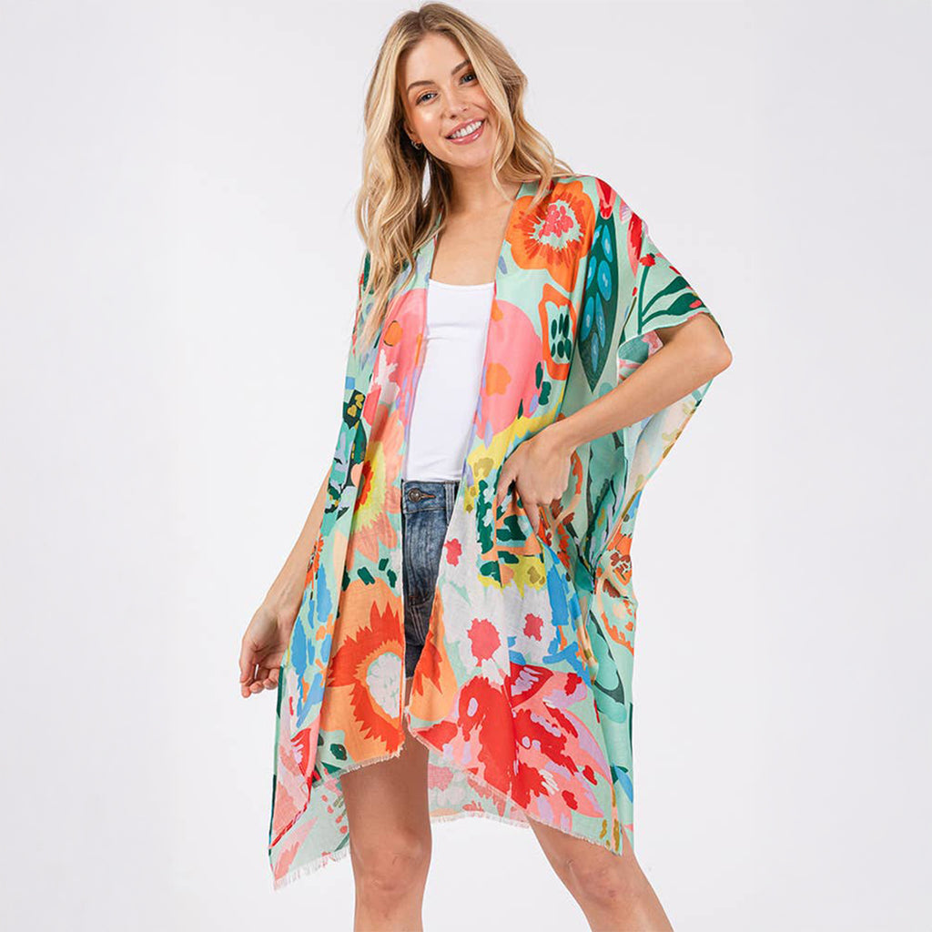 Summer Kimono Cover Up Mint Multicolour Floral Flower Print - SKRF