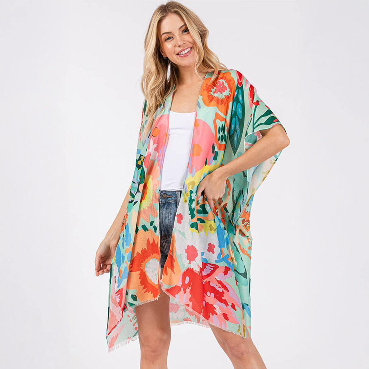 Summer Kimono Cover Up Mint Multicolour Floral Flower Print - SKRF