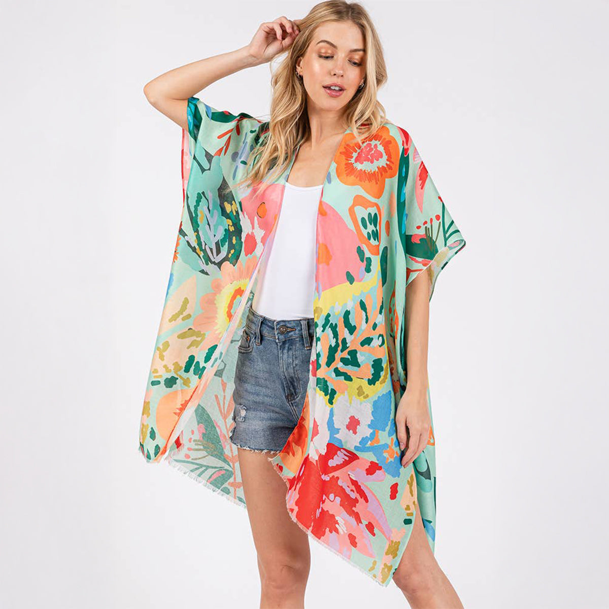 Summer Kimono Cover Up Mint Multicolour Floral Flower Print - SKRF