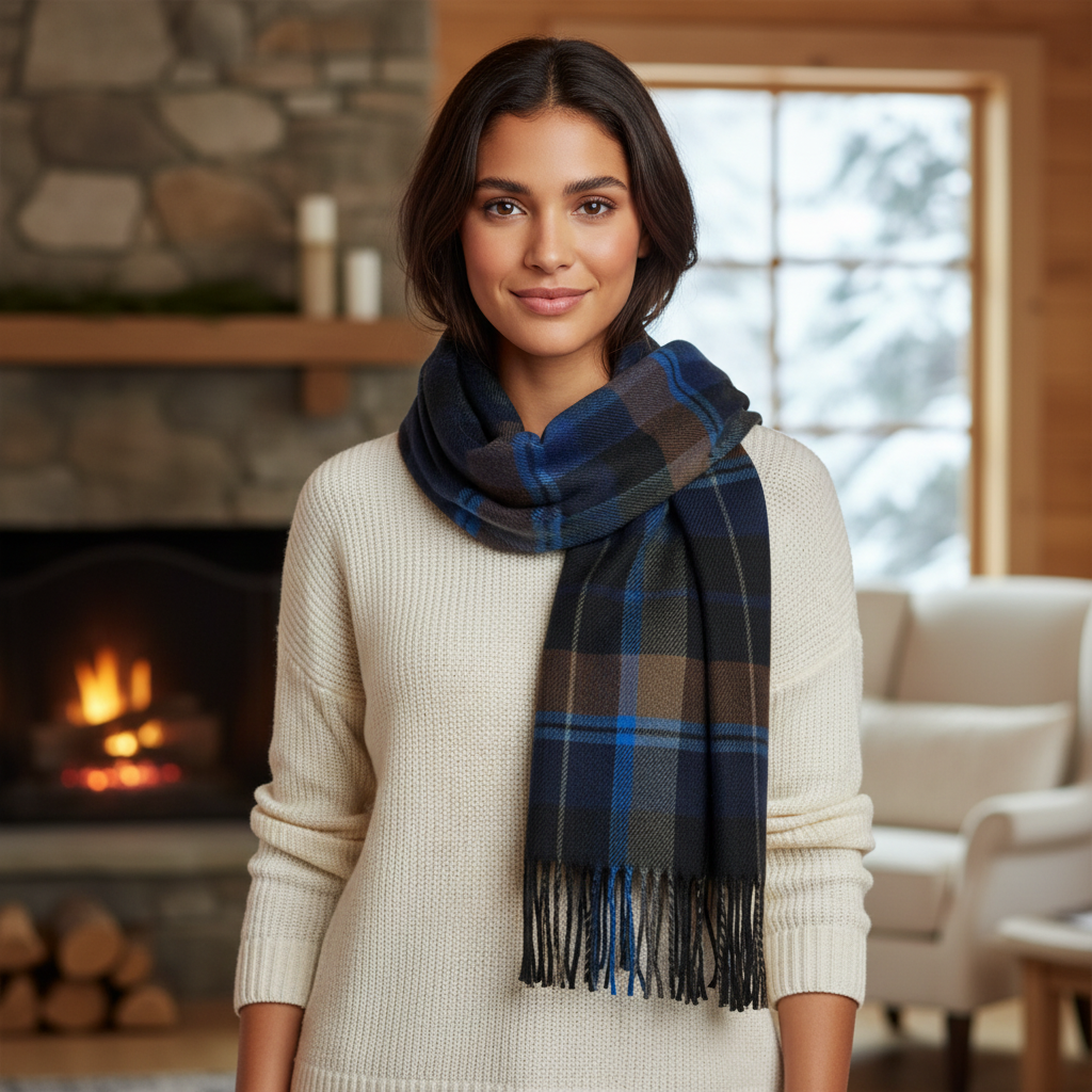 Tartan Winter Scarf With Tassle Ends Blue Brown