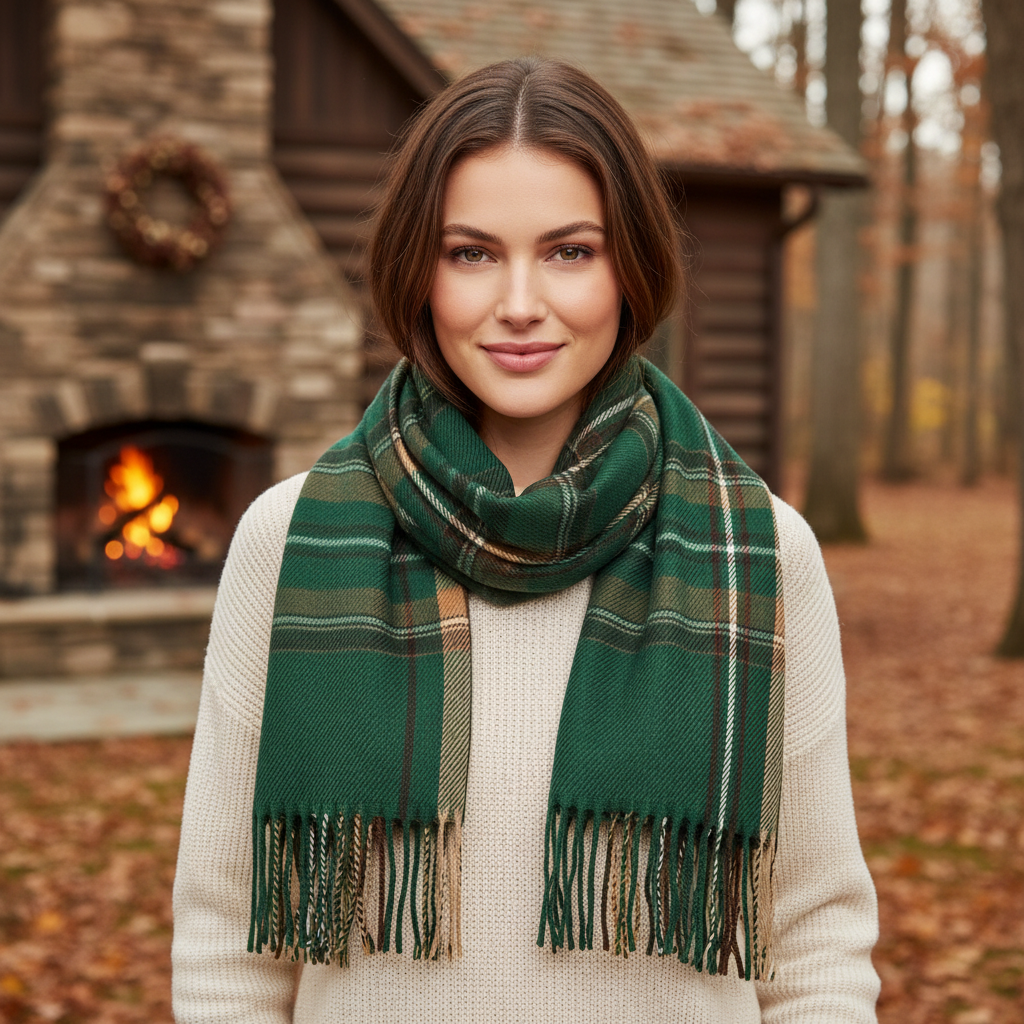 Tartan Winter Scarf With Tassle Ends Green