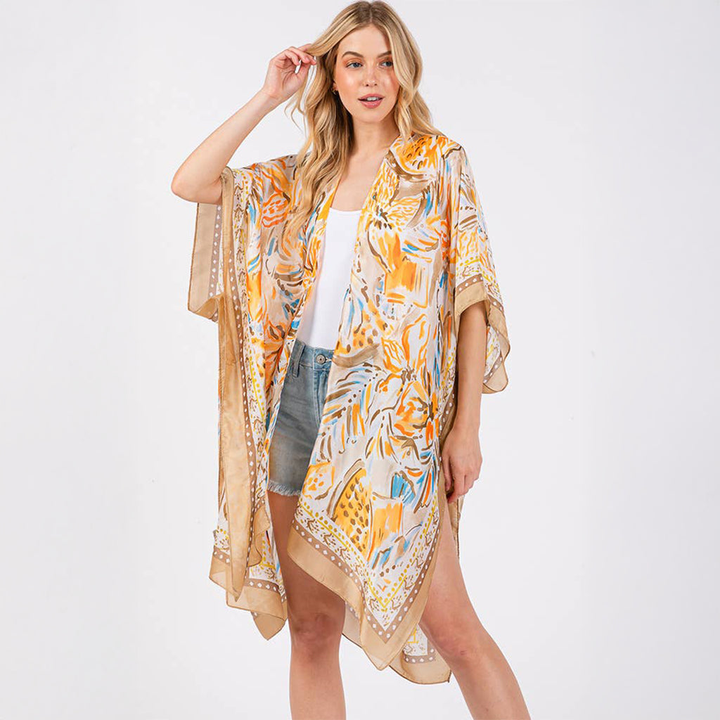 Taupe Floral Flower Pattern Silky Feel Summer Kimono Coverup - SKRF