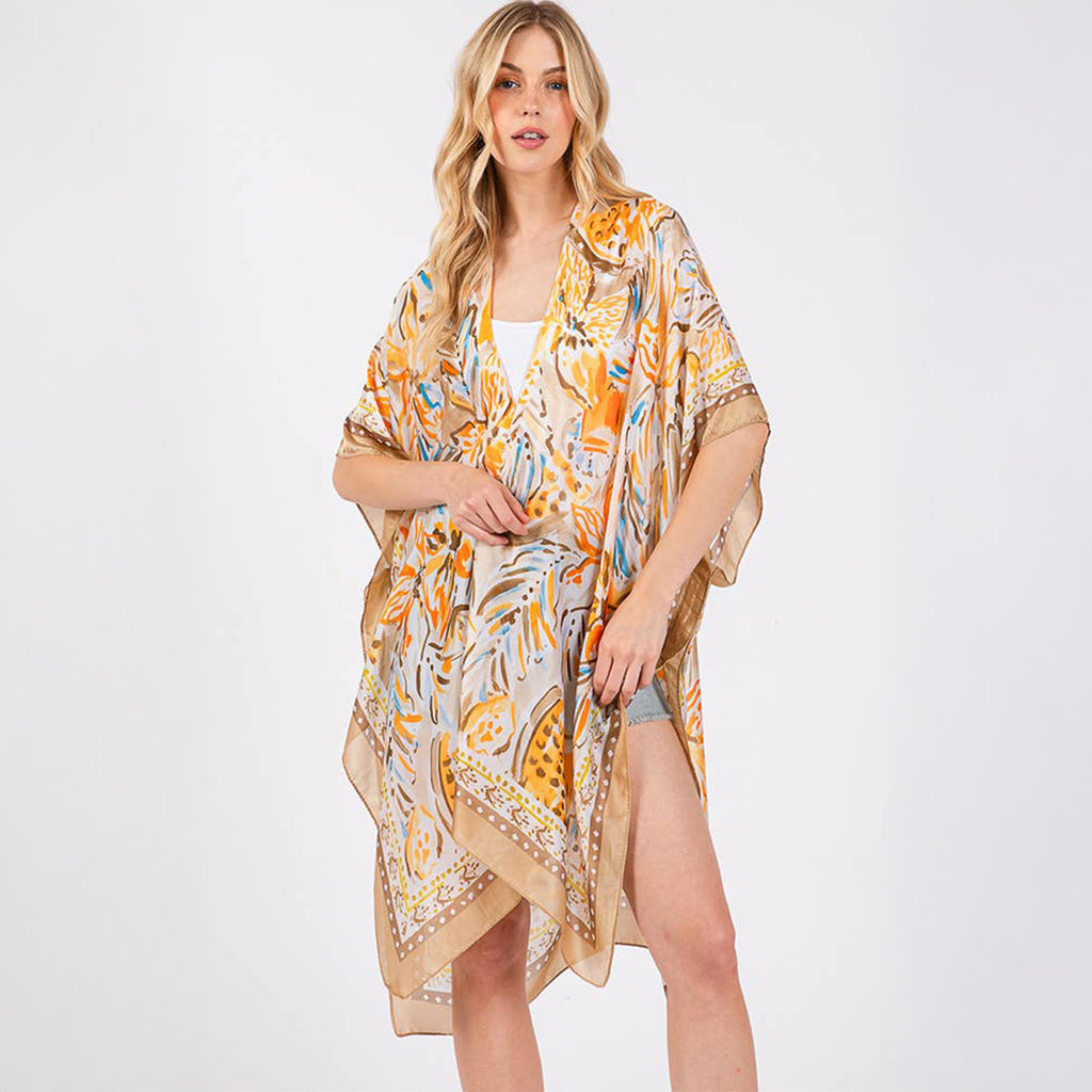 Taupe Floral Flower Pattern Silky Feel Summer Kimono Coverup - SKRF